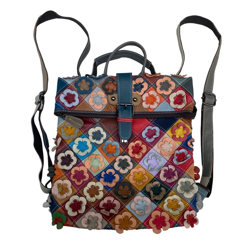 Vera Pelle Patchwork Leather Backpack Women Floral Applique Artsy Eclectic Boho